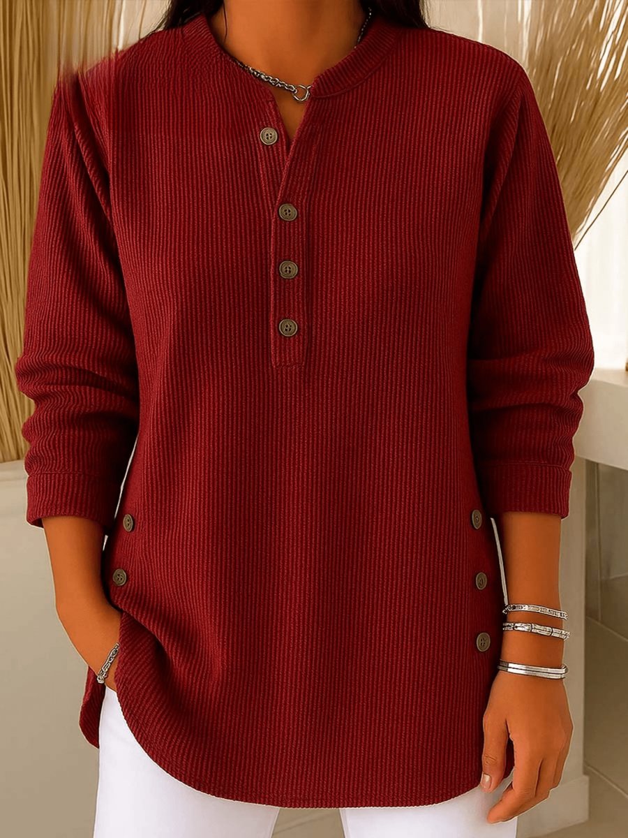 Women's Longline Ribbed Henley Tunic Side Button Detail - Side Angle | Lavisa
