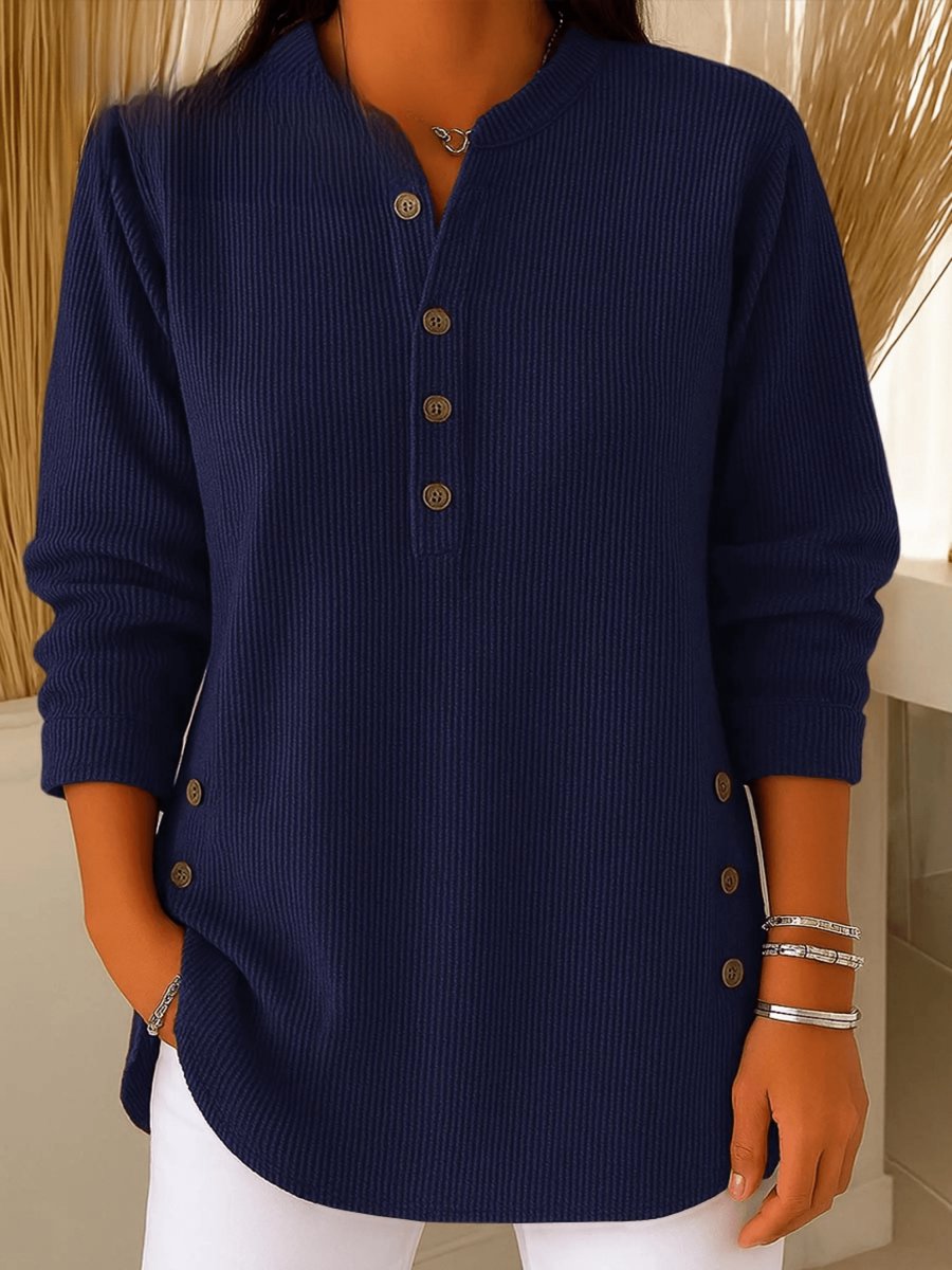 Women's Longline Ribbed Henley Tunic Side Button Detail - Back View | Lavisa