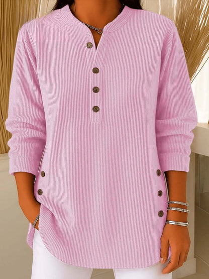 Women's Longline Ribbed Henley Tunic Side Button Detail - Close-Up Texture & Detail | Lavisa