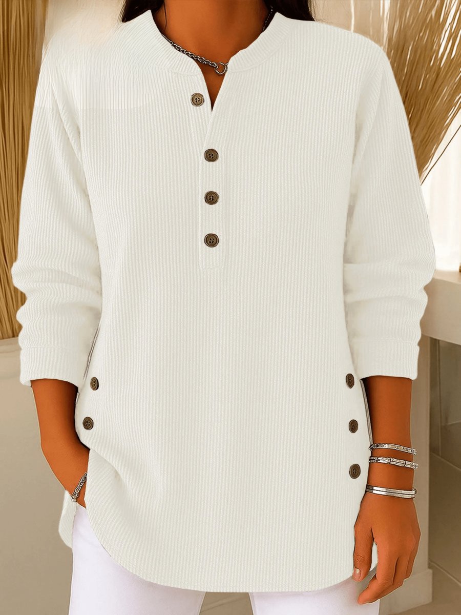 Women's Longline Ribbed Henley Tunic Side Button Detail - Sole & Material View | Lavisa