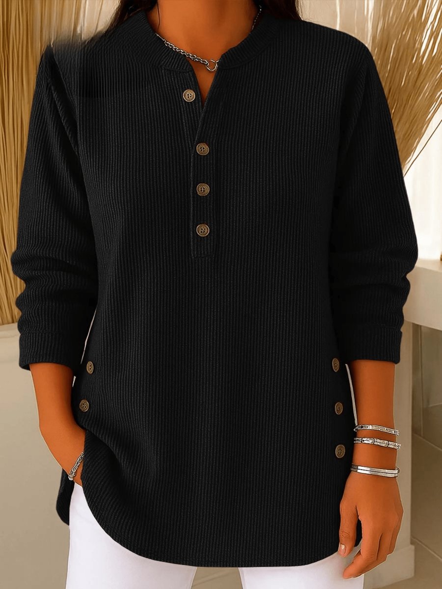 Women's Longline Ribbed Henley Tunic Side Button Detail - Lifestyle & Model Angle | Lavisa