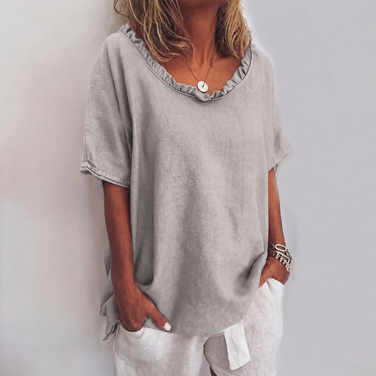Lavisa - Women's Loose-Fit Frill-Neck Short-Sleeve Linen Blouse