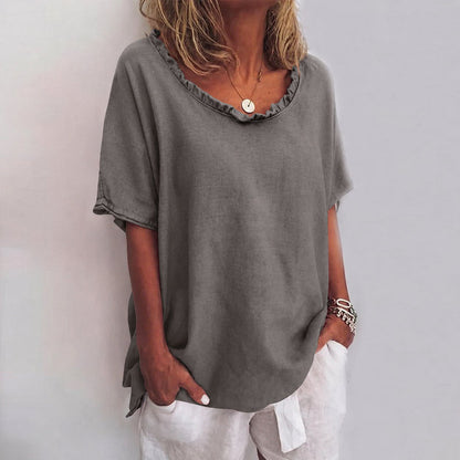 Lavisa - Women's Loose-Fit Frill-Neck Short-Sleeve Linen Blouse