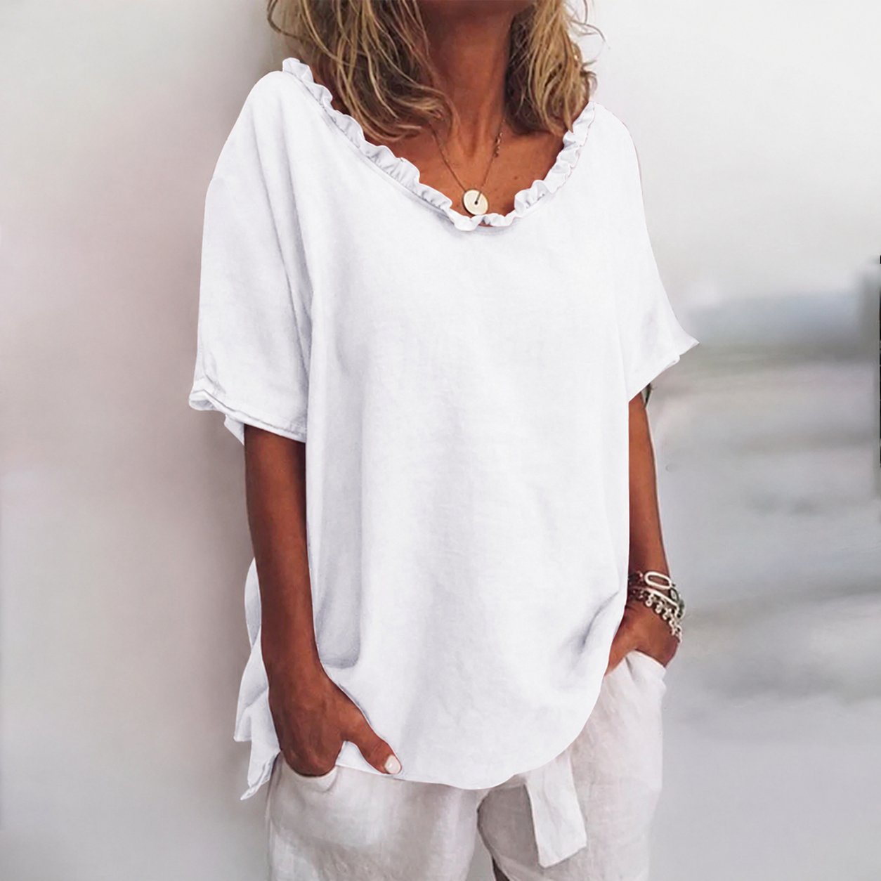 Lavisa - Women's Loose-Fit Frill-Neck Short-Sleeve Linen Blouse