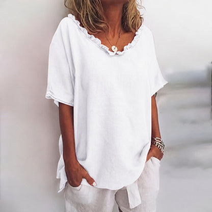 Lavisa - Women's Loose-Fit Frill-Neck Short-Sleeve Linen Blouse