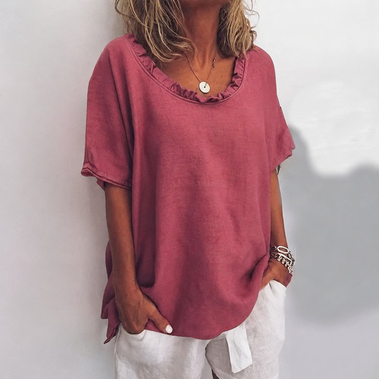 Lavisa - Women's Loose-Fit Frill-Neck Short-Sleeve Linen Blouse