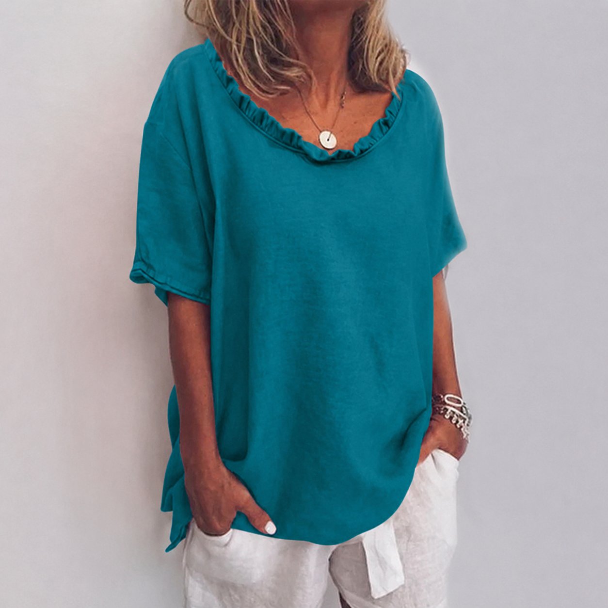 Lavisa - Women's Loose-Fit Frill-Neck Short-Sleeve Linen Blouse