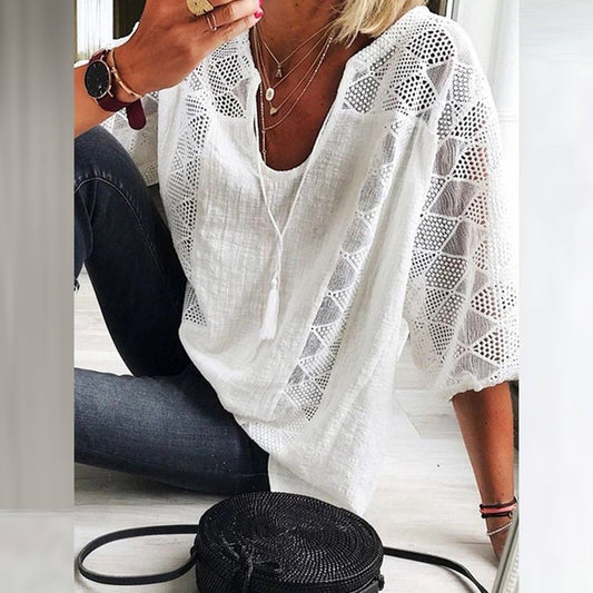 Lavisa - Women's Loose-Fit Three-Quarter Sleeve Crochet Panel Boho Blouse