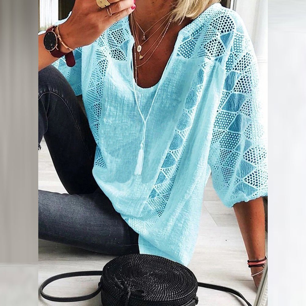 Women's Loose-Fit Three-Quarter Sleeve Crochet Panel Boho Blouse - Side Angle | Lavisa