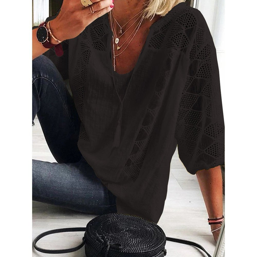 Women's Loose-Fit Three-Quarter Sleeve Crochet Panel Boho Blouse - Back View | Lavisa