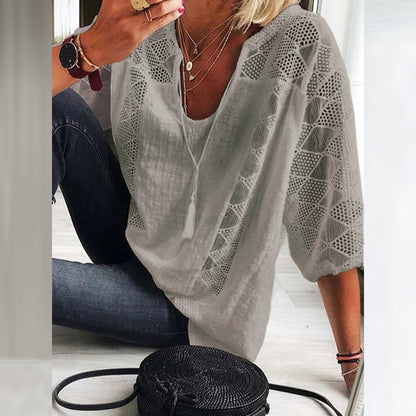 Women's Loose-Fit Three-Quarter Sleeve Crochet Panel Boho Blouse - Close-Up Texture & Detail | Lavisa