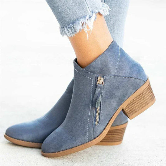 Lavisa - Womens Low Heel Side Zip Suede Ankle Boots Stacked Block Heel Shoes