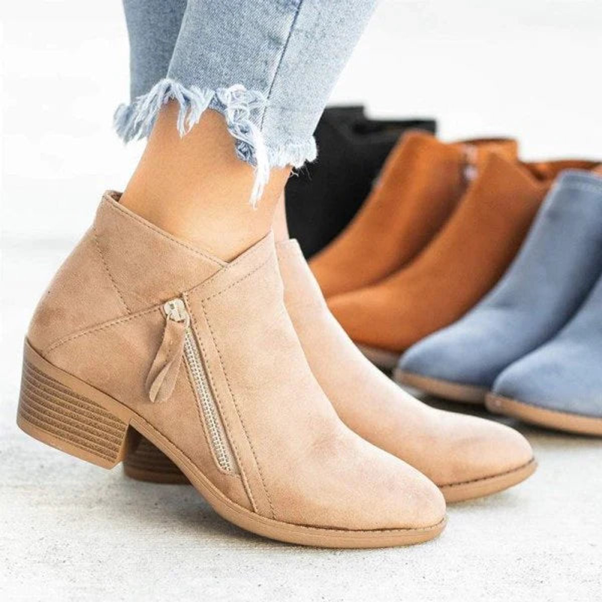 Womens Low Heel Side Zip Suede Ankle Boots Stacked Block Heel Shoes - Side Angle | Lavisa