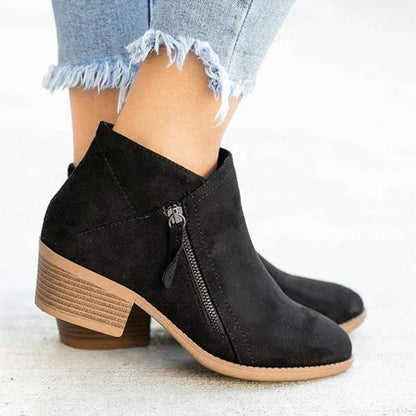 Womens Low Heel Side Zip Suede Ankle Boots Stacked Block Heel Shoes - Back View | Lavisa