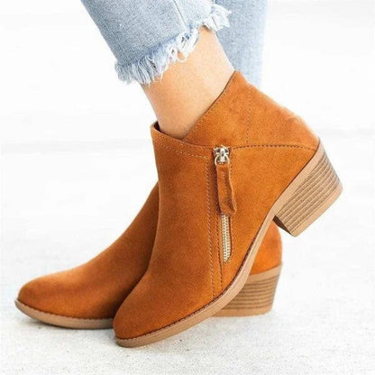 Womens Low Heel Side Zip Suede Ankle Boots Stacked Block Heel Shoes - Sole & Material View | Lavisa