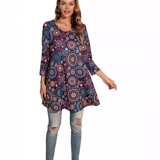 Lavisa - Women's Mandala Print 3/4 Sleeve Swing Tunic Top