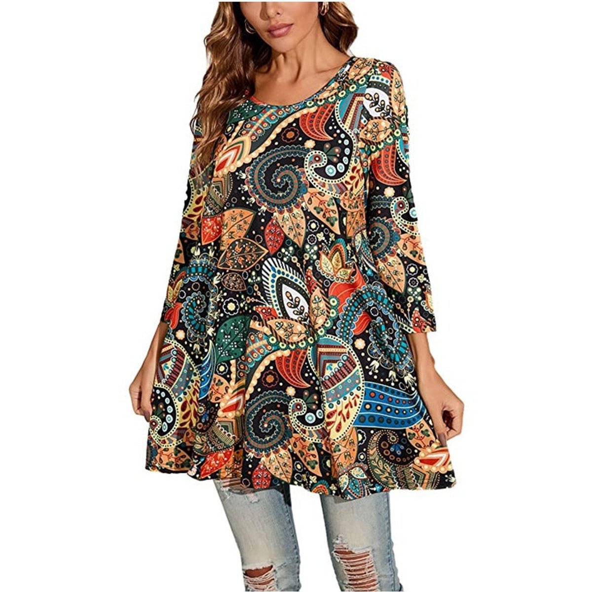 Women's Mandala Print 3/4 Sleeve Swing Tunic Top - Variant Style 10 | Lavisa