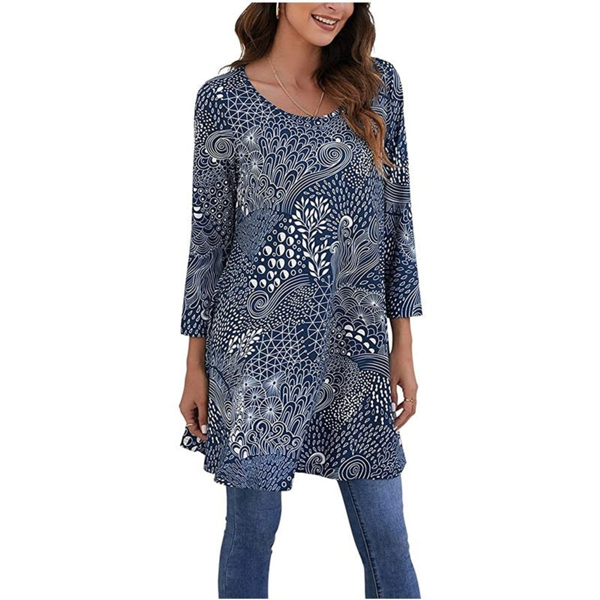 Women's Mandala Print 3/4 Sleeve Swing Tunic Top - Variant Style 11 | Lavisa