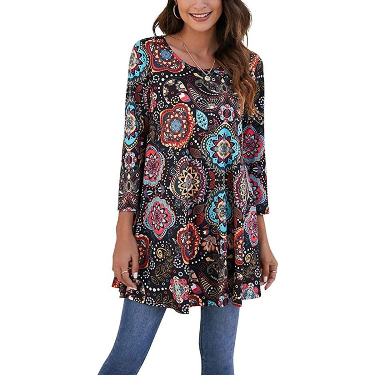 Women's Mandala Print 3/4 Sleeve Swing Tunic Top - Variant Style 12 | Lavisa