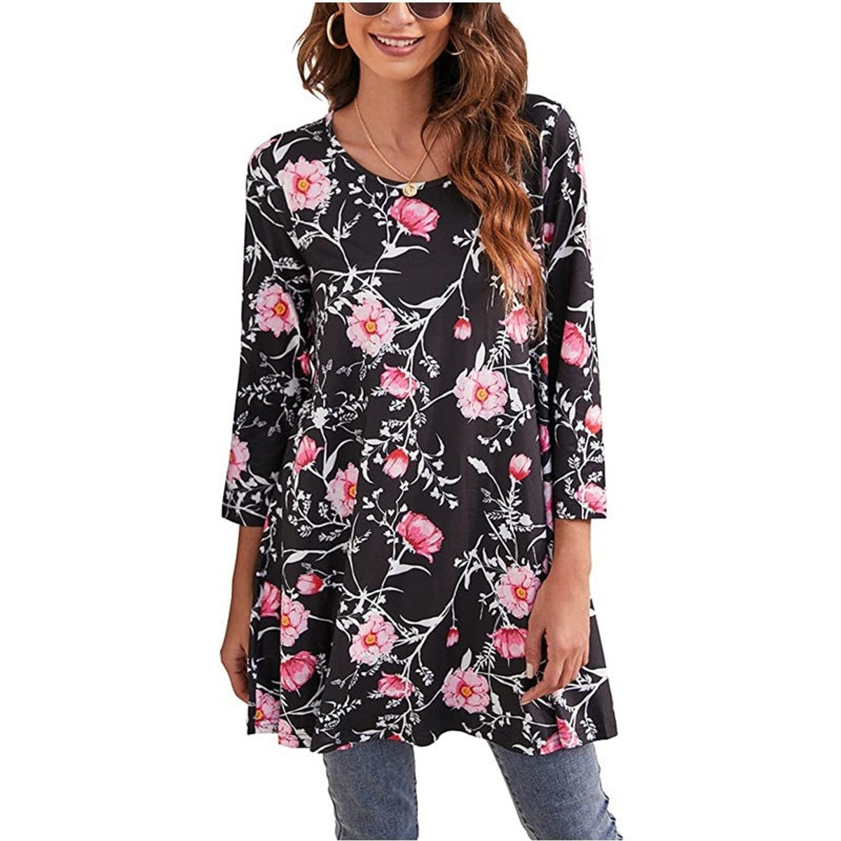 Women's Mandala Print 3/4 Sleeve Swing Tunic Top - Variant Style 13 | Lavisa