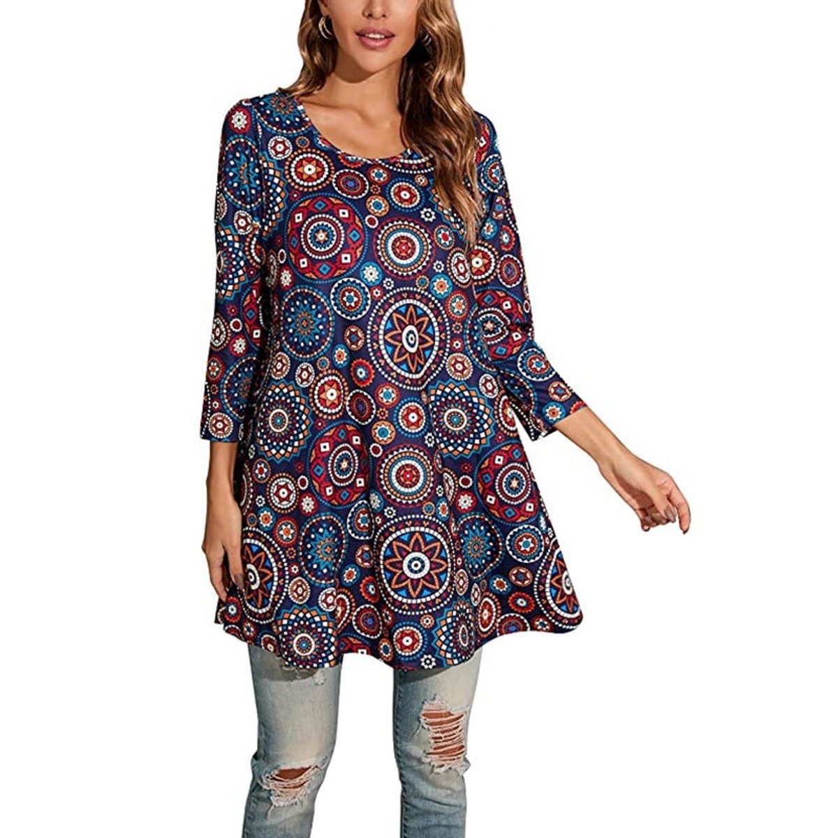 Women's Mandala Print 3/4 Sleeve Swing Tunic Top - Variant Style 14 | Lavisa