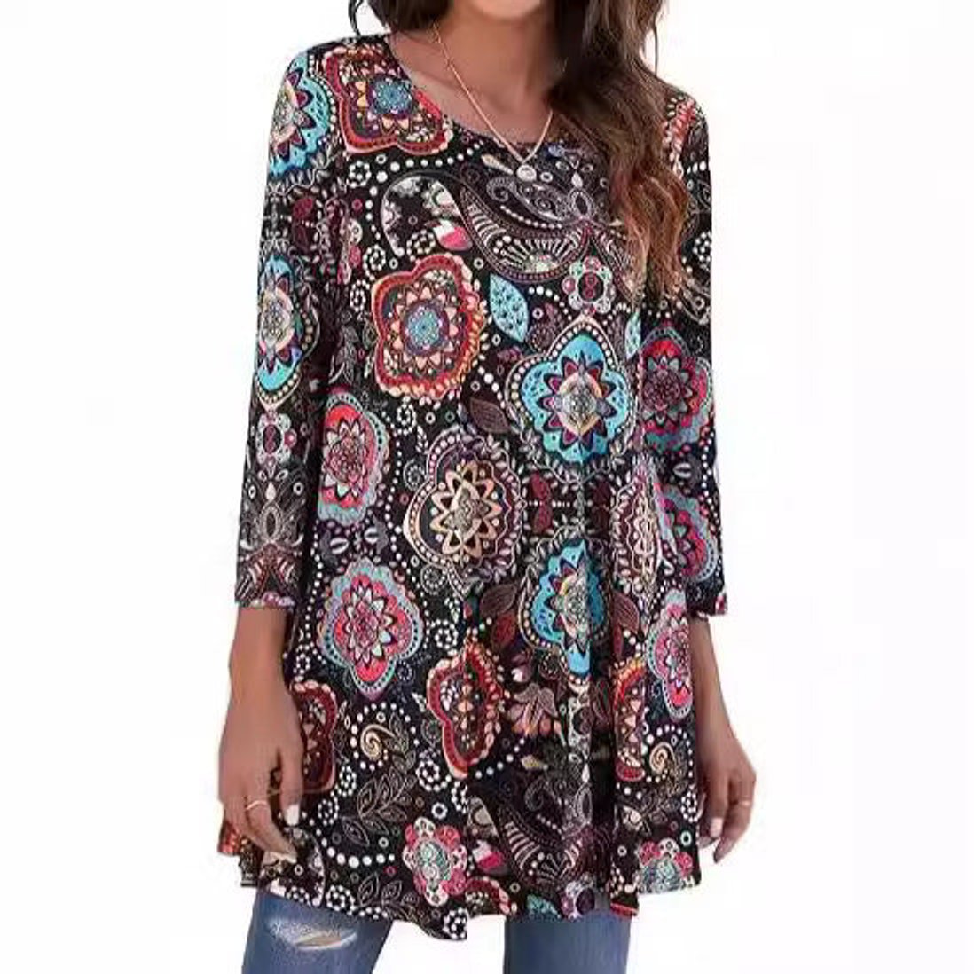 Women's Mandala Print 3/4 Sleeve Swing Tunic Top - Side Angle | Lavisa