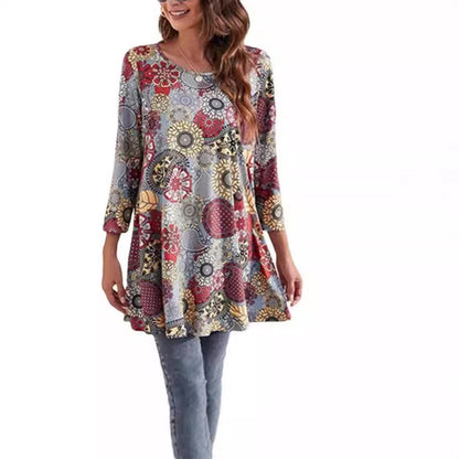 Women's Mandala Print 3/4 Sleeve Swing Tunic Top - Back View | Lavisa