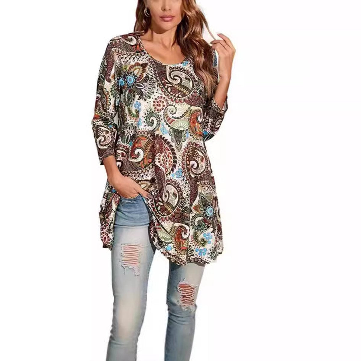 Women's Mandala Print 3/4 Sleeve Swing Tunic Top - Close-Up Texture & Detail | Lavisa