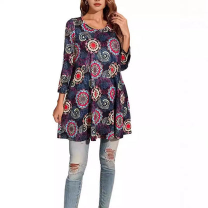 Women's Mandala Print 3/4 Sleeve Swing Tunic Top - Sole & Material View | Lavisa