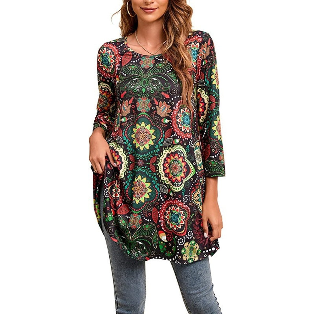 Women's Mandala Print 3/4 Sleeve Swing Tunic Top - Lifestyle & Model Angle | Lavisa