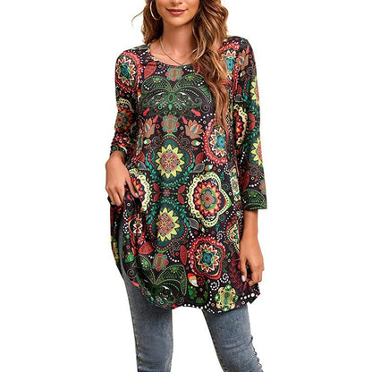 Women's Mandala Print 3/4 Sleeve Swing Tunic Top - Lifestyle & Model Angle | Lavisa