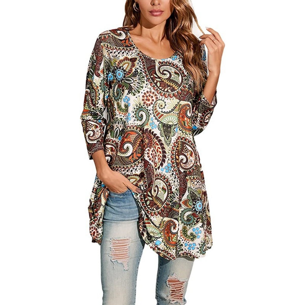 Women's Mandala Print 3/4 Sleeve Swing Tunic Top - Variant Angle | Lavisa