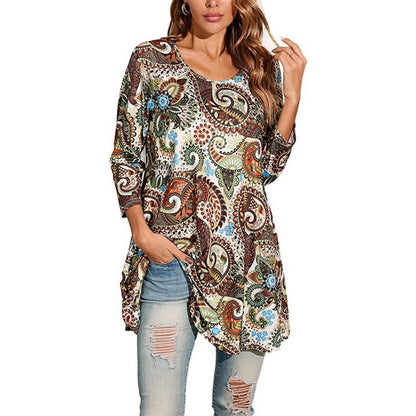 Women's Mandala Print 3/4 Sleeve Swing Tunic Top - Variant Angle | Lavisa