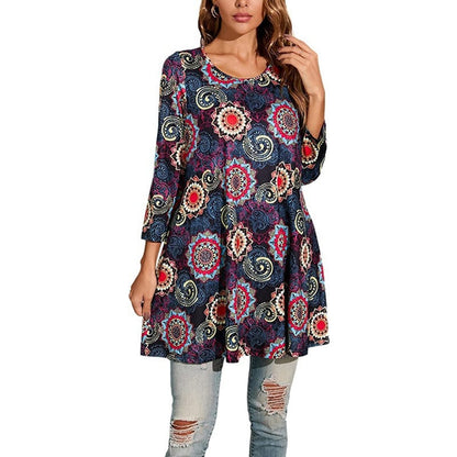 Women's Mandala Print 3/4 Sleeve Swing Tunic Top - Variant Style 8 | Lavisa