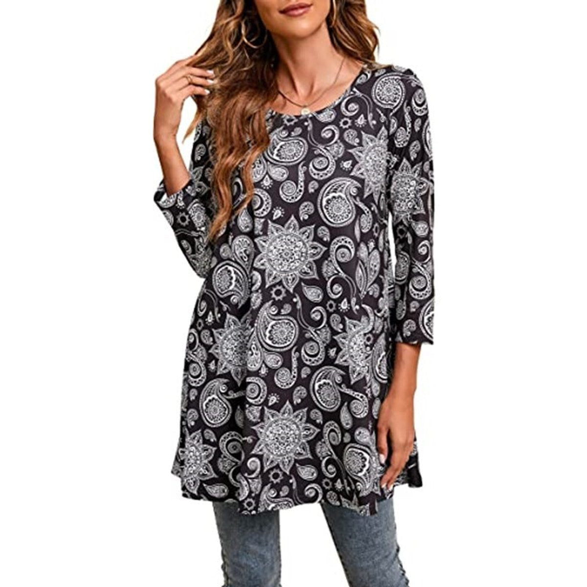 Women's Mandala Print 3/4 Sleeve Swing Tunic Top - Variant Style 9 | Lavisa