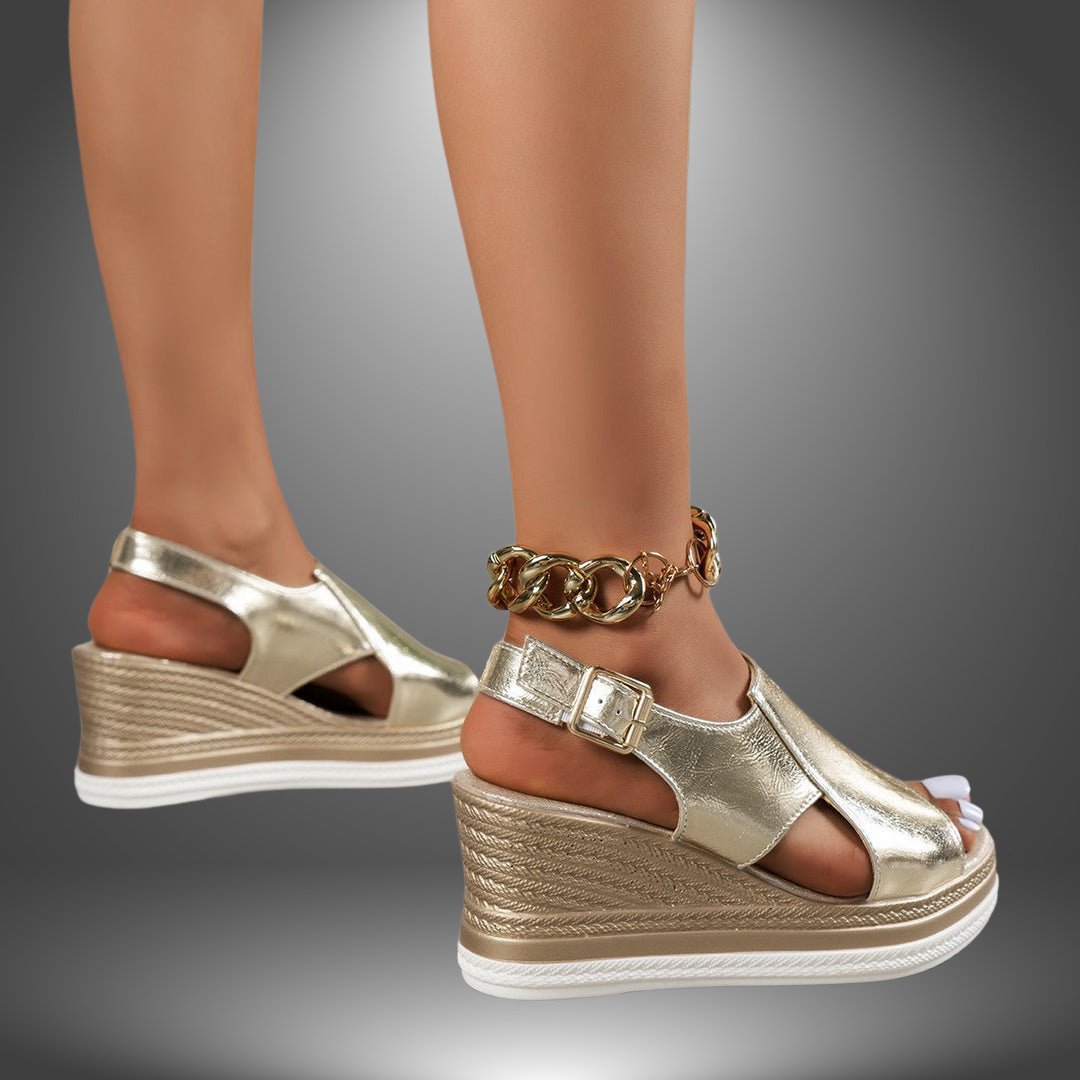 Women's Metallic Silver Open-Toe Platform Wedge Sandals - Close-Up Texture & Detail | Lavisa