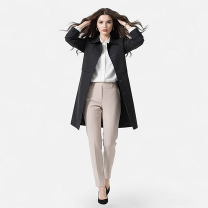 Women's Mid-Length Wool-Blend Double-Breasted Trench Coat - Back View | Lavisa
