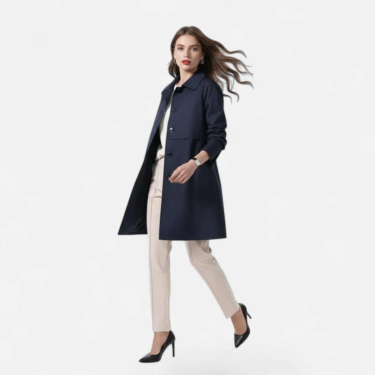 Women's Mid-Length Wool-Blend Double-Breasted Trench Coat - Sole & Material View | Lavisa
