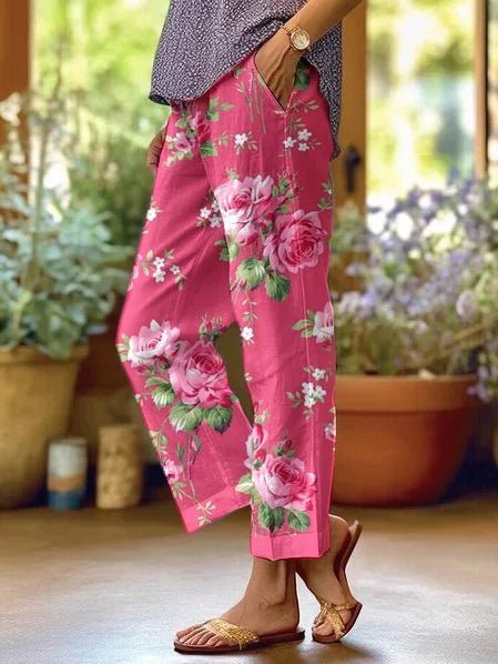 Lavisa - Women's Mid-Waist Loose-Fit Floral Print Casual Trousers