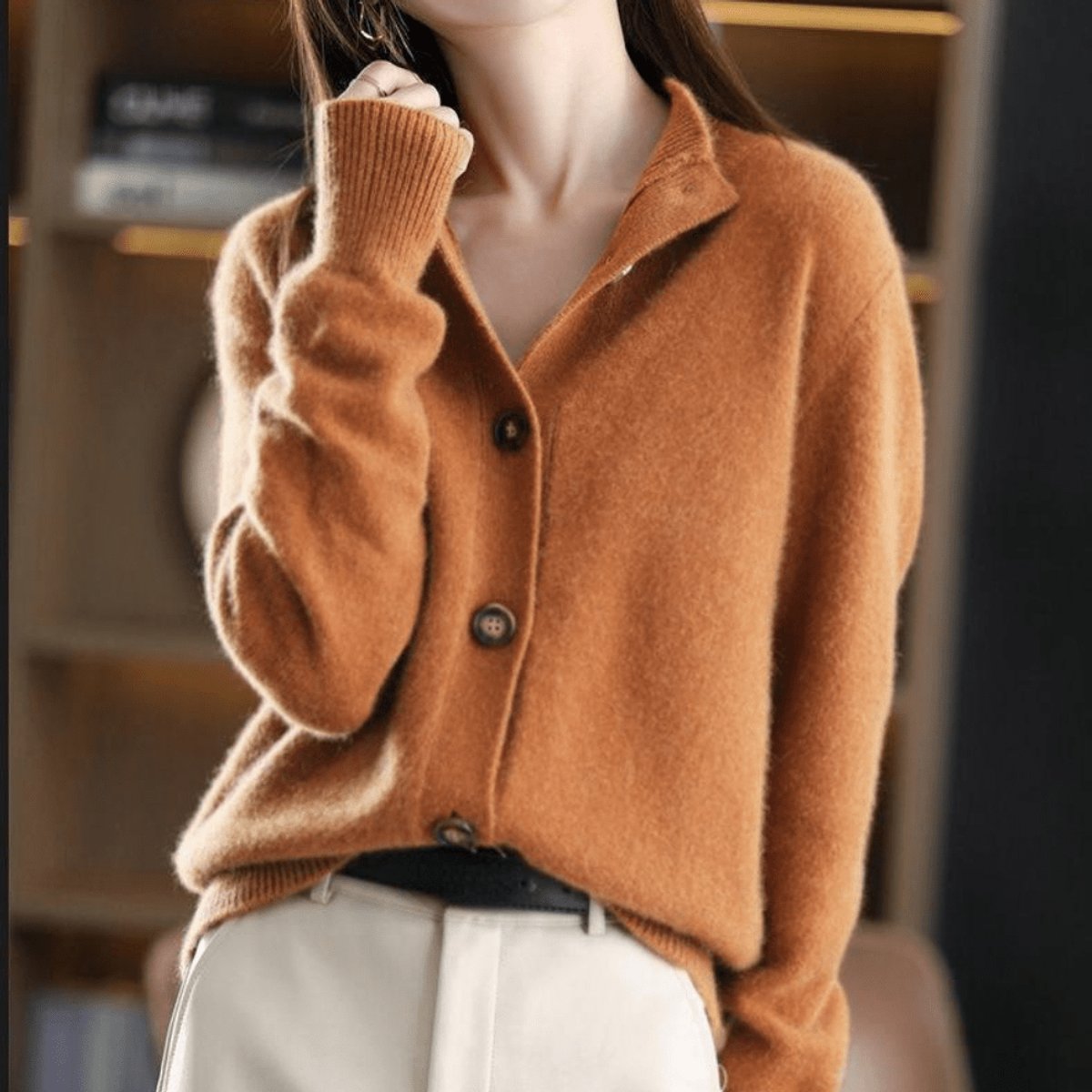 Women's Mock-Neck Button-Front Cashmere Blend Cardigan - Side Angle | Lavisa