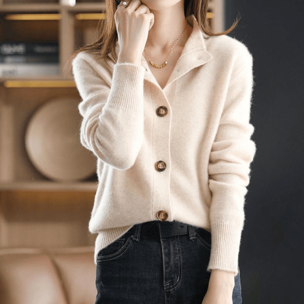 Women's Mock-Neck Button-Front Cashmere Blend Cardigan - Back View | Lavisa
