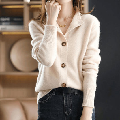 Women's Mock-Neck Button-Front Cashmere Blend Cardigan - Back View | Lavisa