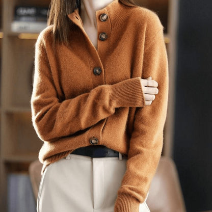 Women's Mock-Neck Button-Front Cashmere Blend Cardigan - Close-Up Texture & Detail | Lavisa