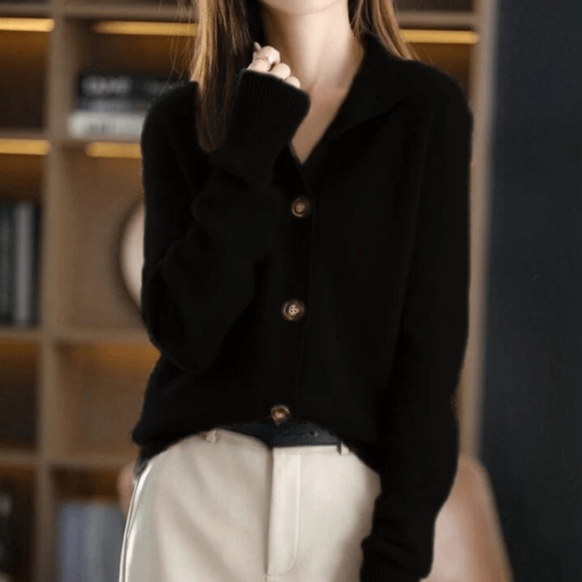 Women's Mock-Neck Button-Front Cashmere Blend Cardigan - Lifestyle & Model Angle | Lavisa