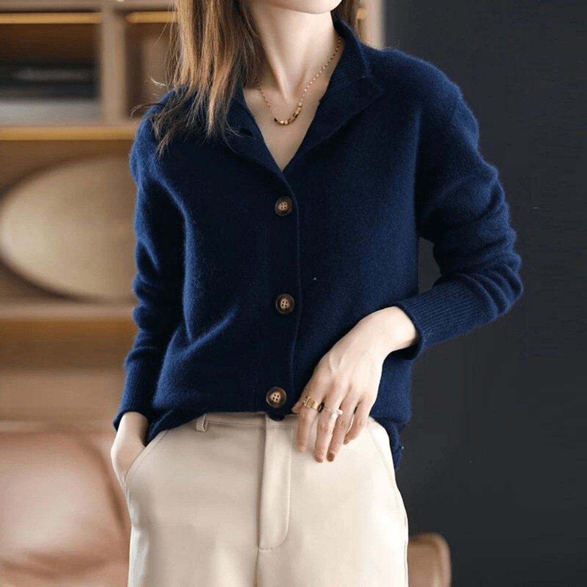 Women's Mock-Neck Button-Front Cashmere Blend Cardigan - Variant Angle | Lavisa