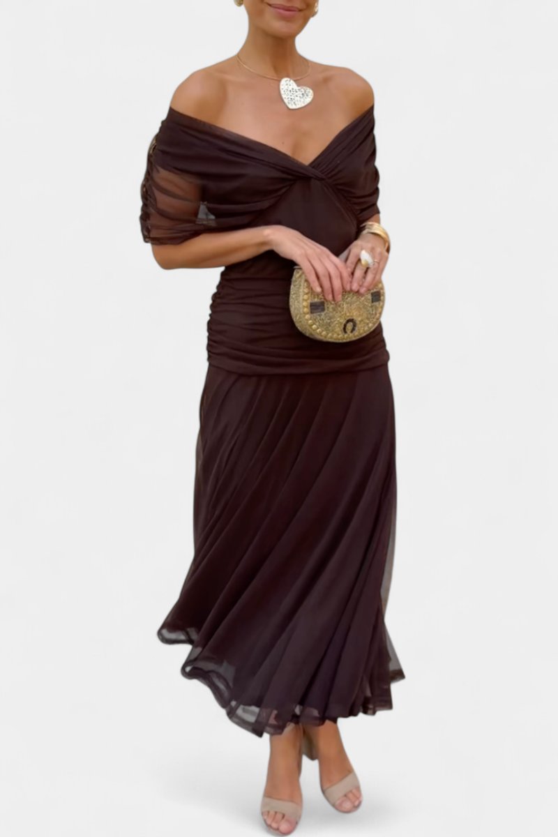 Women's Off-Shoulder Flowing Maxi Dress - Side Angle | Lavisa
