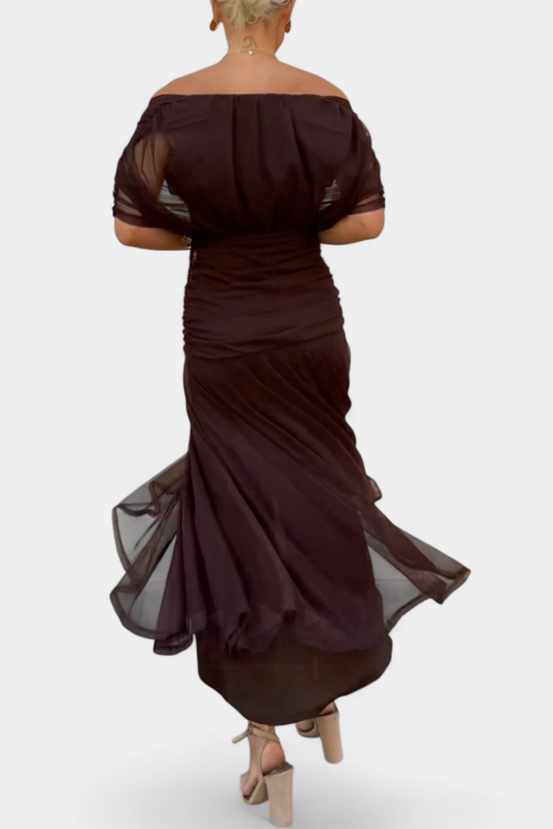 Women's Off-Shoulder Flowing Maxi Dress - Close-Up Texture & Detail | Lavisa