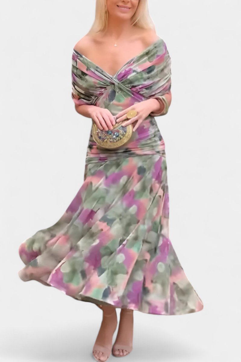 Women's Off-Shoulder Flowing Maxi Dress - Sole & Material View | Lavisa