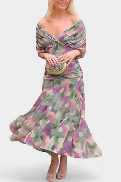 Women's Off-Shoulder Flowing Maxi Dress - Sole & Material View | Lavisa