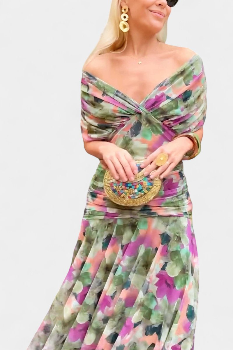 Women's Off-Shoulder Flowing Maxi Dress - Lifestyle & Model Angle | Lavisa